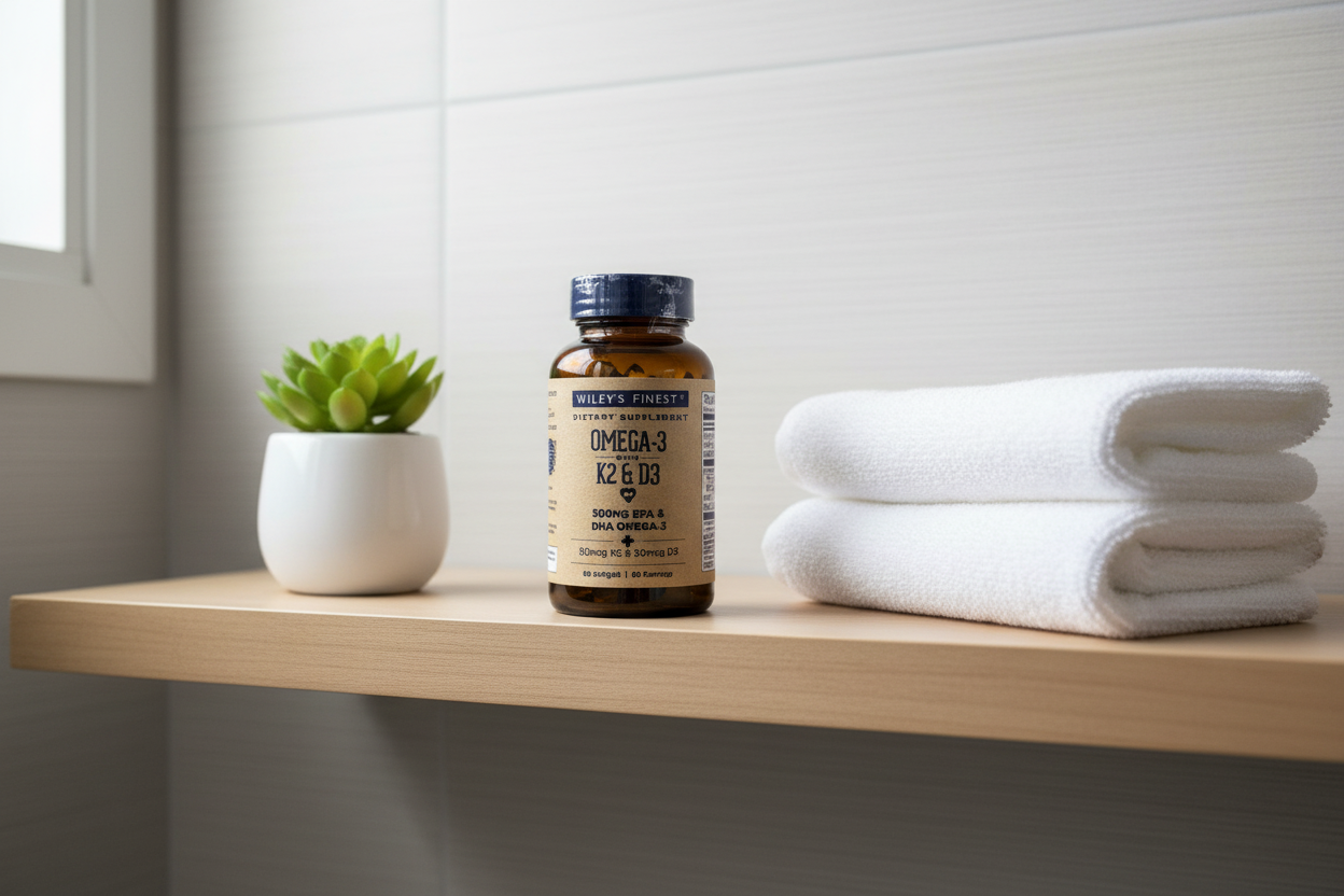 Wiley's Finest Omega-3 K2 D3 supplement bottle on bathroom shelf with succulent – More4less Outlet