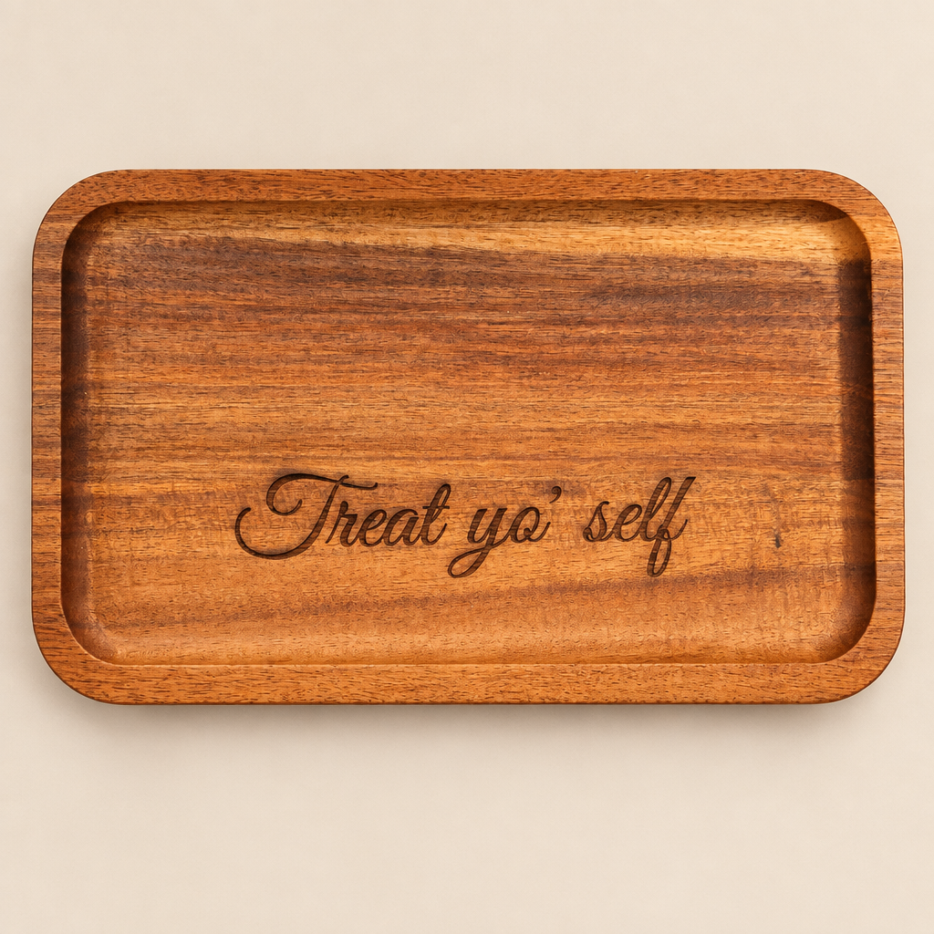 Treat Yo' Self engraved acacia wood tray on a neutral studio background