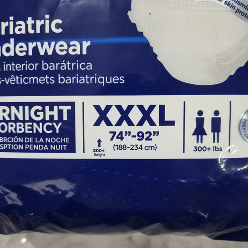 Macro view of XXXL size chart on Attends Bariatric Underwear packaging showing 74-92 inch measurements