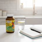 Daily prenatal wellness routine with multivitamin bottle water glass and journal on bright countertop – More4less Outlet