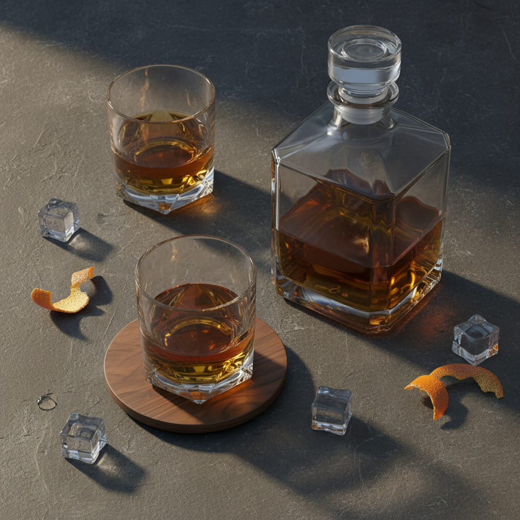 Flat lay of two crystal whisky glasses and a decanter on dark slate with warm lighting