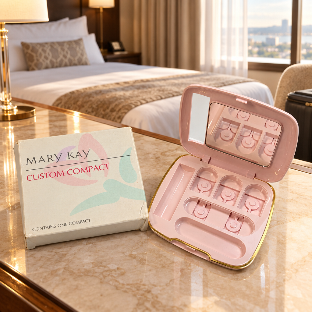 AI-generated lifestyle scene of an empty Mary Kay Custom Compact and box on a hotel dressing desk