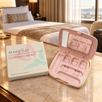 AI-generated lifestyle scene of an empty Mary Kay Custom Compact and box on a hotel dressing desk