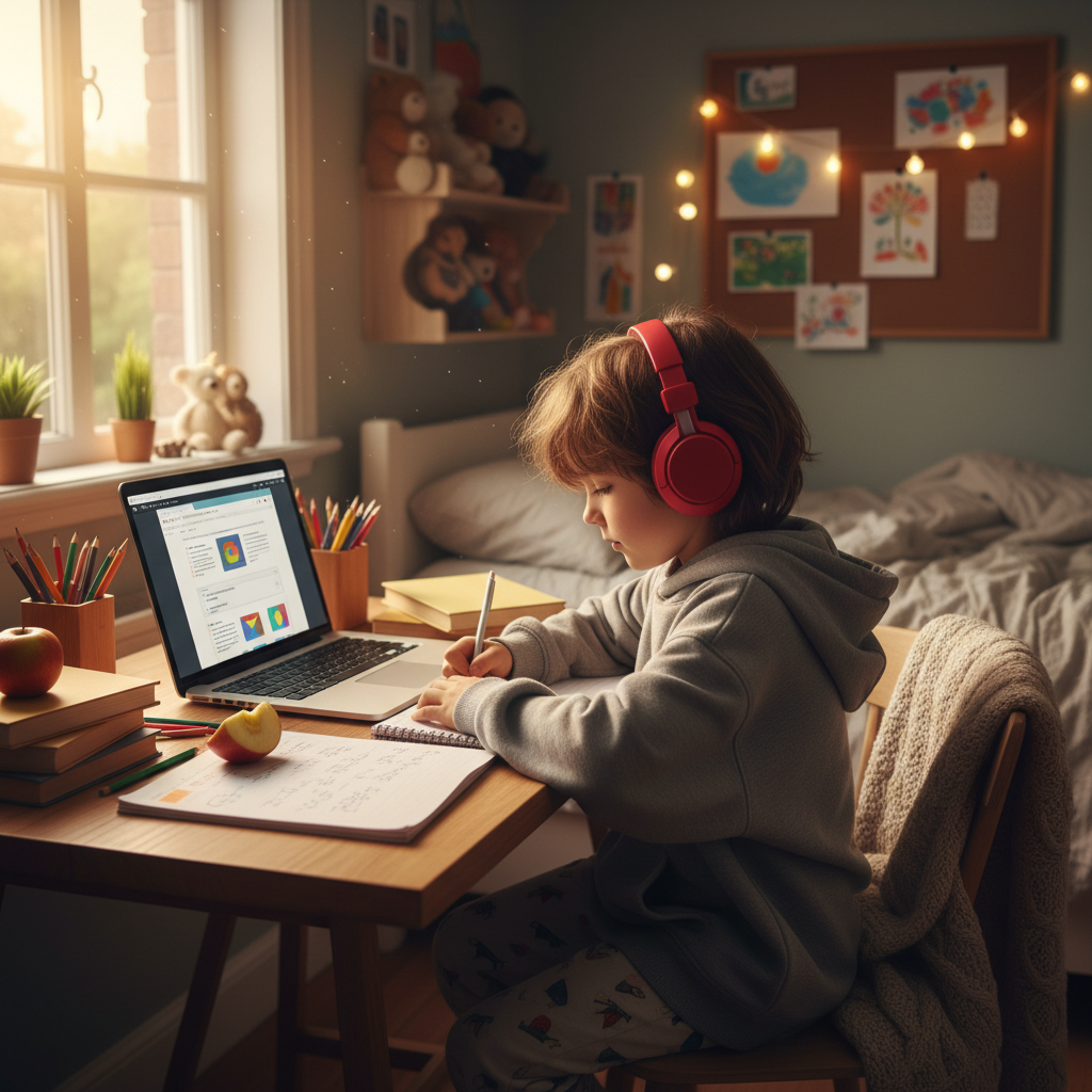 Child wearing over-ear headphones doing homework on laptop in cozy bedroom setting