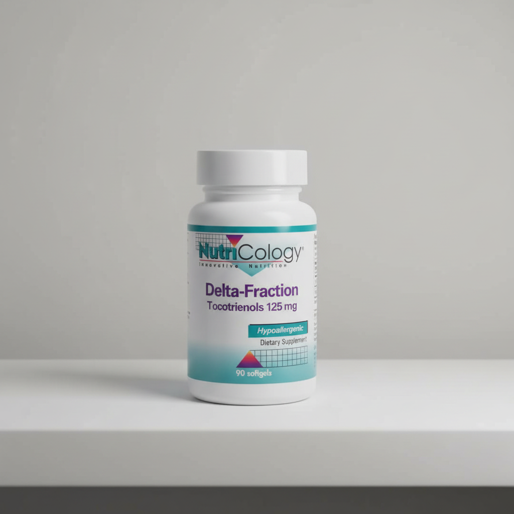 AI-generated studio image of NutriCology Delta-Fraction Tocotrienols 125 mg, 90 Softgels bottle on a white shelf