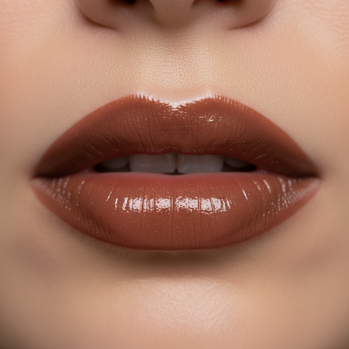 Close-up of woman's moisturized glossy lips wearing high-shine lip gloss