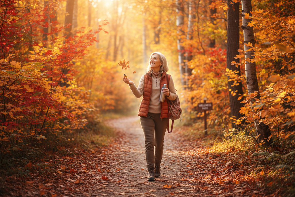 Person walking through autumn forest trail, immune wellness and seasonal health lifestyle