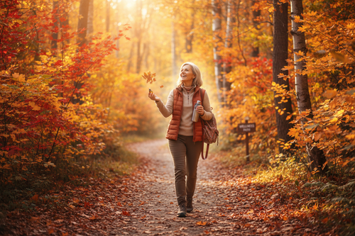 Person walking through autumn forest trail, immune wellness and seasonal health lifestyle