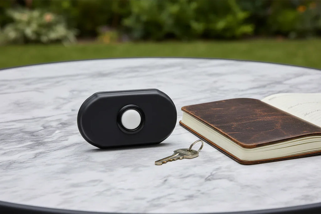 Baldwin Arch Doorbell Button Matte Black on slate-gray patio table with mail key and leather notebook