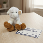Animal Adventure White Lamb Plush next to More4less Outlet Stuffed Friend Adoption Certificate gift flat lay - More4less Outlet