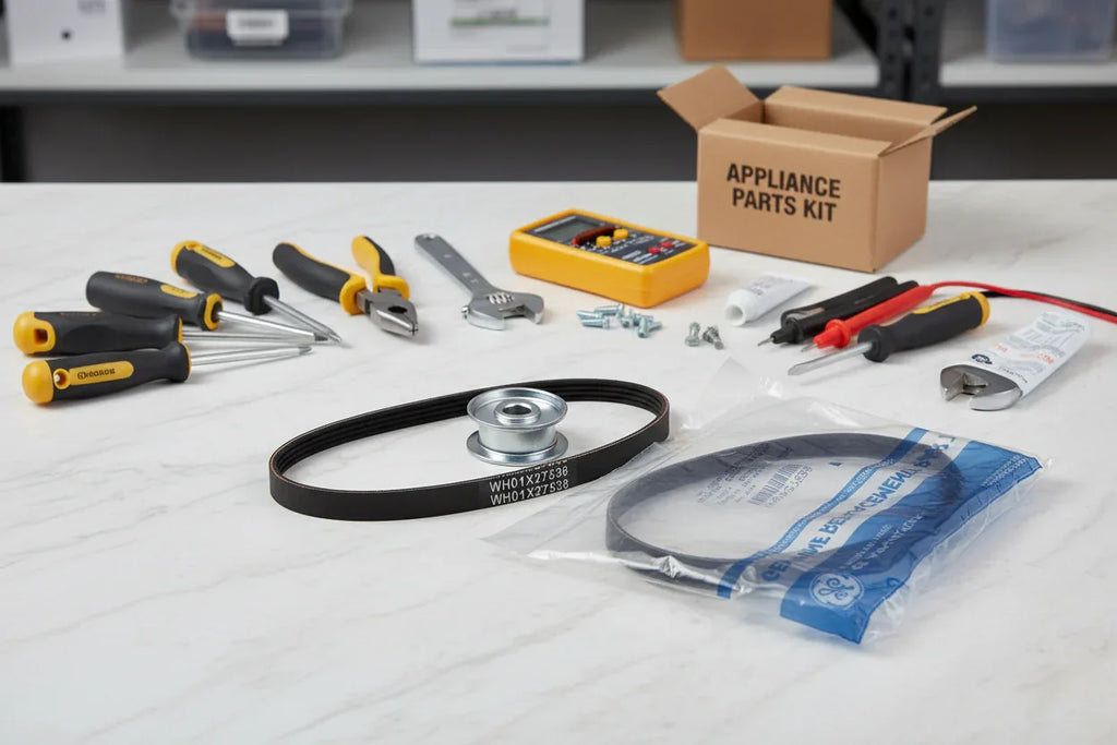 Appliance repair kit featuring high-traction industrial rubber belts and tools