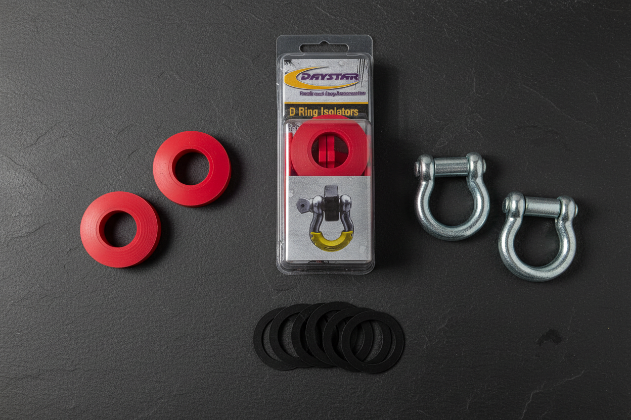 Daystar KU70057RE red D-ring isolators flatlay on dark slate with retail pack shackles and polyurethane washers displayed - More4less Outlet