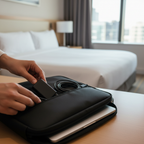 Business traveler packing a slim laptop charger and cables into a sleek black laptop bag in a modern hotel room