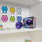 Bitzee Hamster Ball toy displayed on a white playroom shelf with pixel-art hamster character art and the Bitzee branded packaging box in the background
