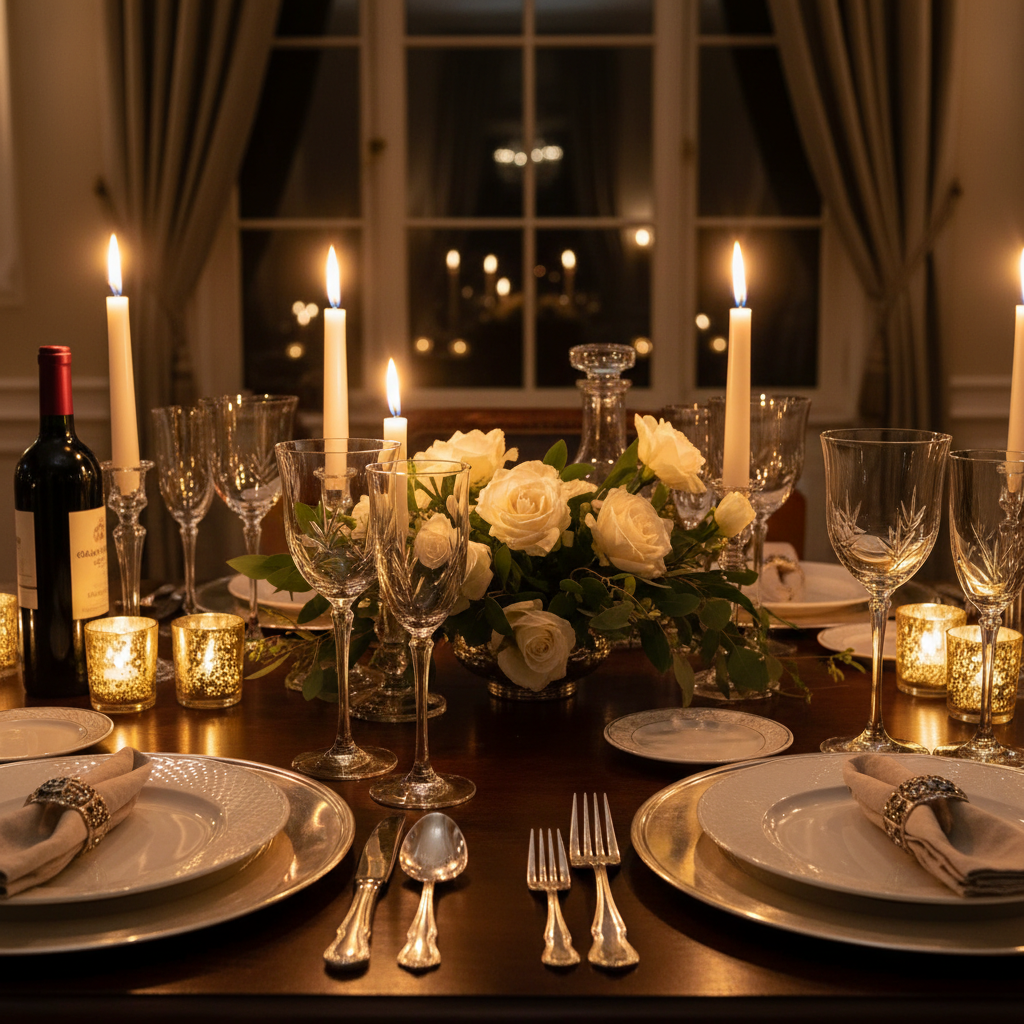 Elegant evening dinner party table setup featuring four Karen MacNeil crystal wine glasses
