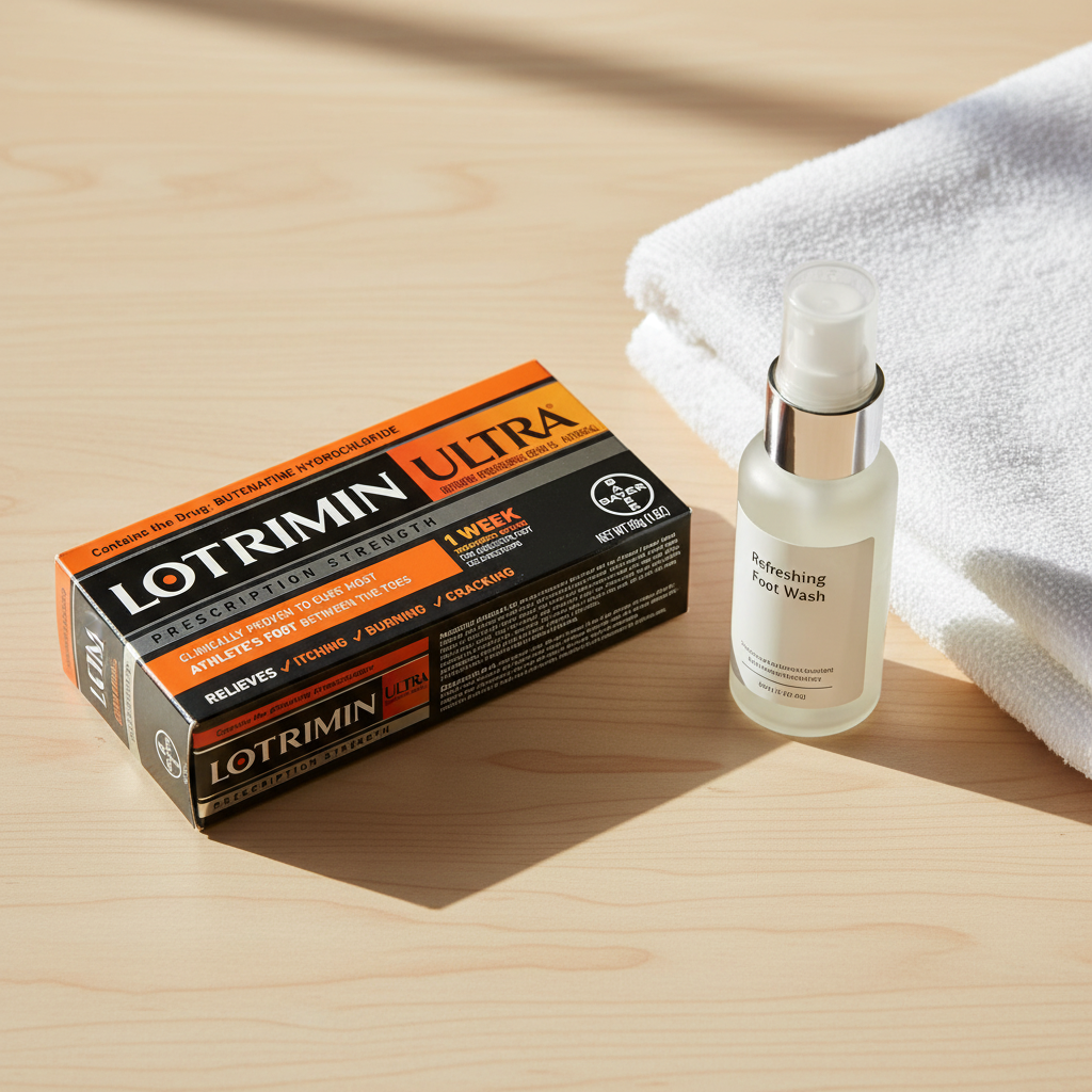 Lotrimin Ultra Athlete's Foot Cream box on light wood surface with white towel and foot wash