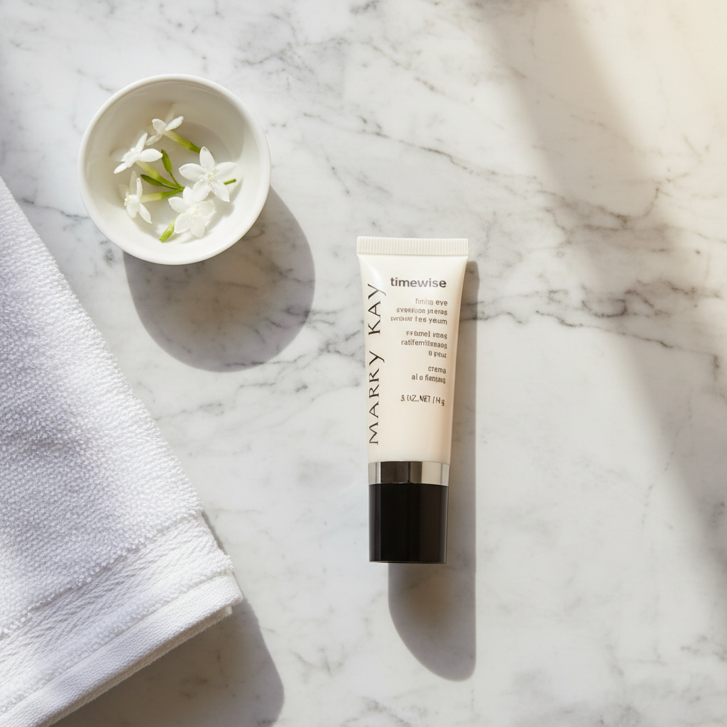 Mary Kay TimeWise white pump tube eye cream white marble vanity soft towel white flowers warm morning light premium luxury anti-aging lifestyle - More4less Outlet
