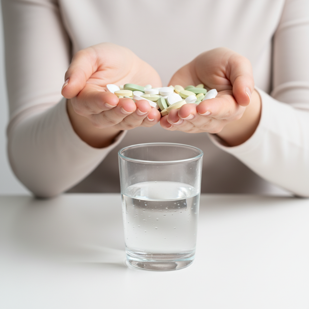 Close-up of hands holding supplement tablets next to a glass of water
