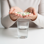 Close-up of hands holding supplement tablets next to a glass of water