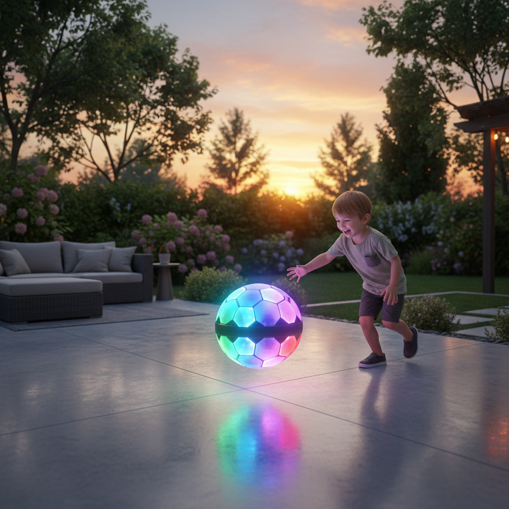 Child playing with a floating glowing ball on a smooth patio surface at dusk