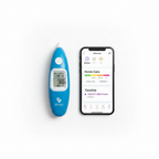 Kinsa blue Smart Ear Thermometer on white surface next to smartphone showing Kinsa app home care screen – More4less Outlet