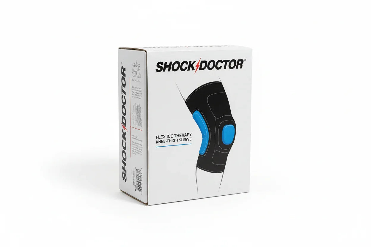 Shock Doctor Flex Ice knee thigh compression sleeve retail box on white studio background
