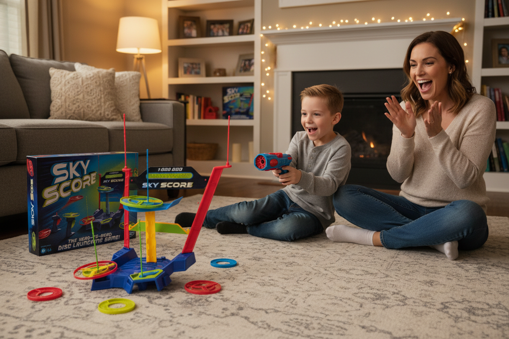 Parent and child playing Sky Score disc launching game together on family game night