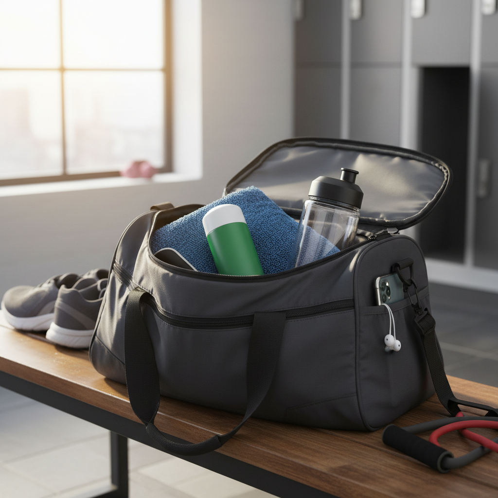 Green deodorant bottle in gym bag with water bottle and towel