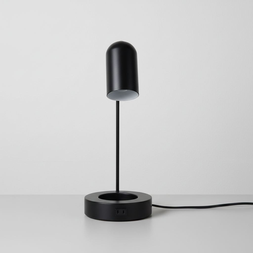 Black 16-inch LED desk lamp with attached cord trailing naturally across a neutral desk