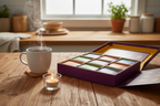 Purple Yogi Wellness Blends tea gift box open on a wooden table showing nine colorful tea varieties in compartments next to a steaming mug of tea with warm candlelight.