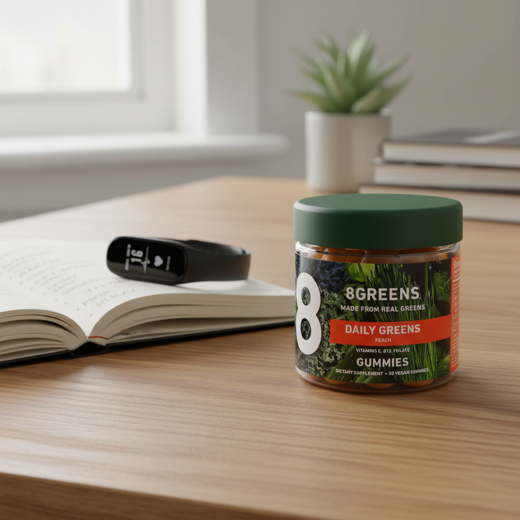 8Greens Daily Greens Peach Gummies jar on oak home-office desk with wellness journal and metal fitness tracker