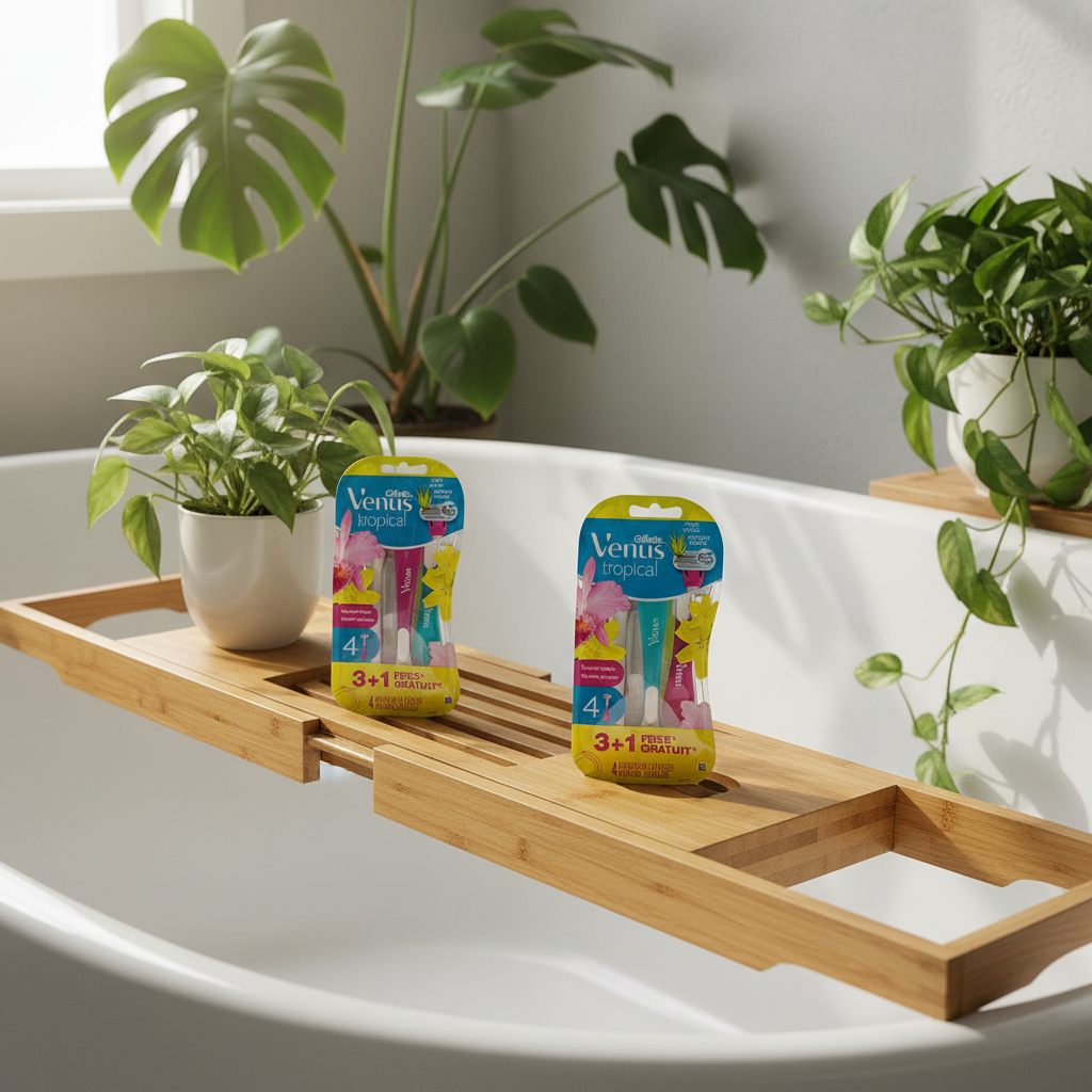 Gillette Venus Tropical 8ct Razor Bundle on oak bathtub tray with soaking tub and green houseplant in morning light