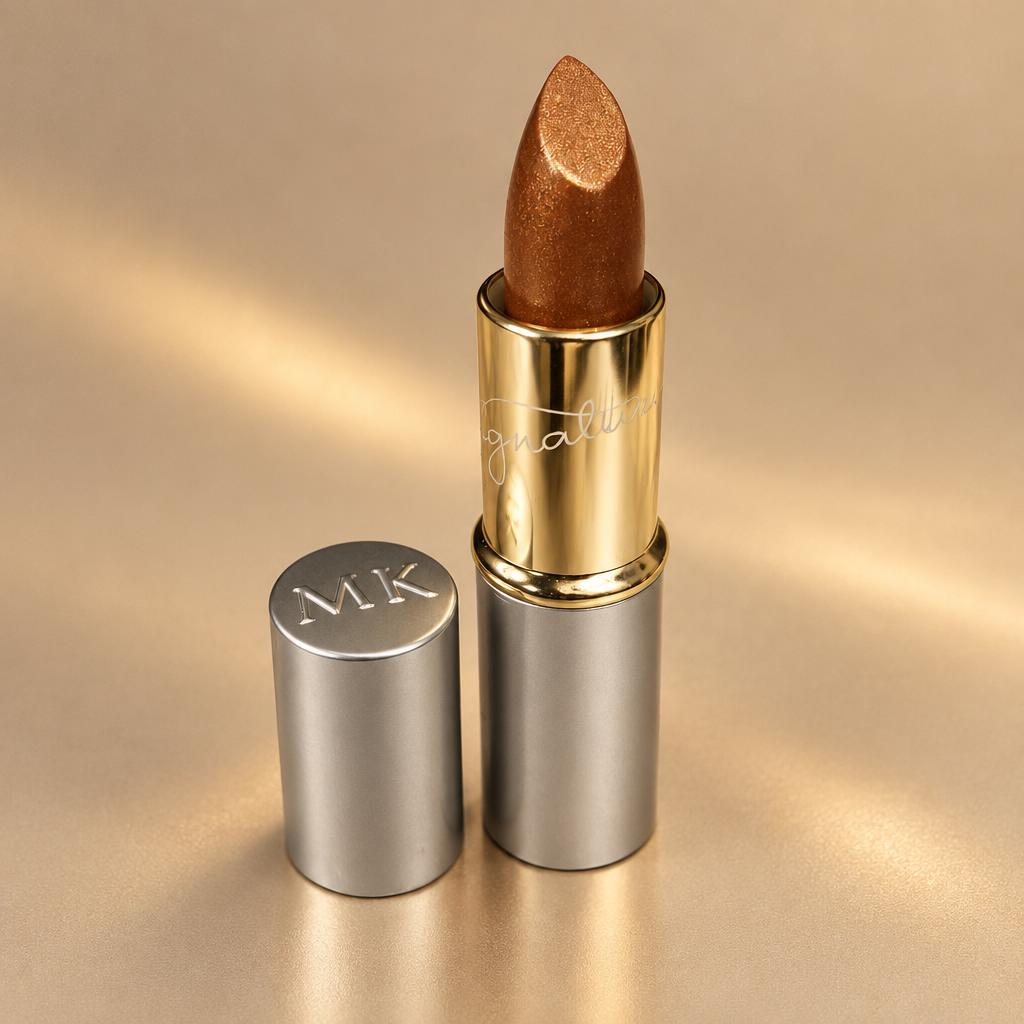 Mary Kay Gold Dust golden bronze lipstick on a warm champagne background
