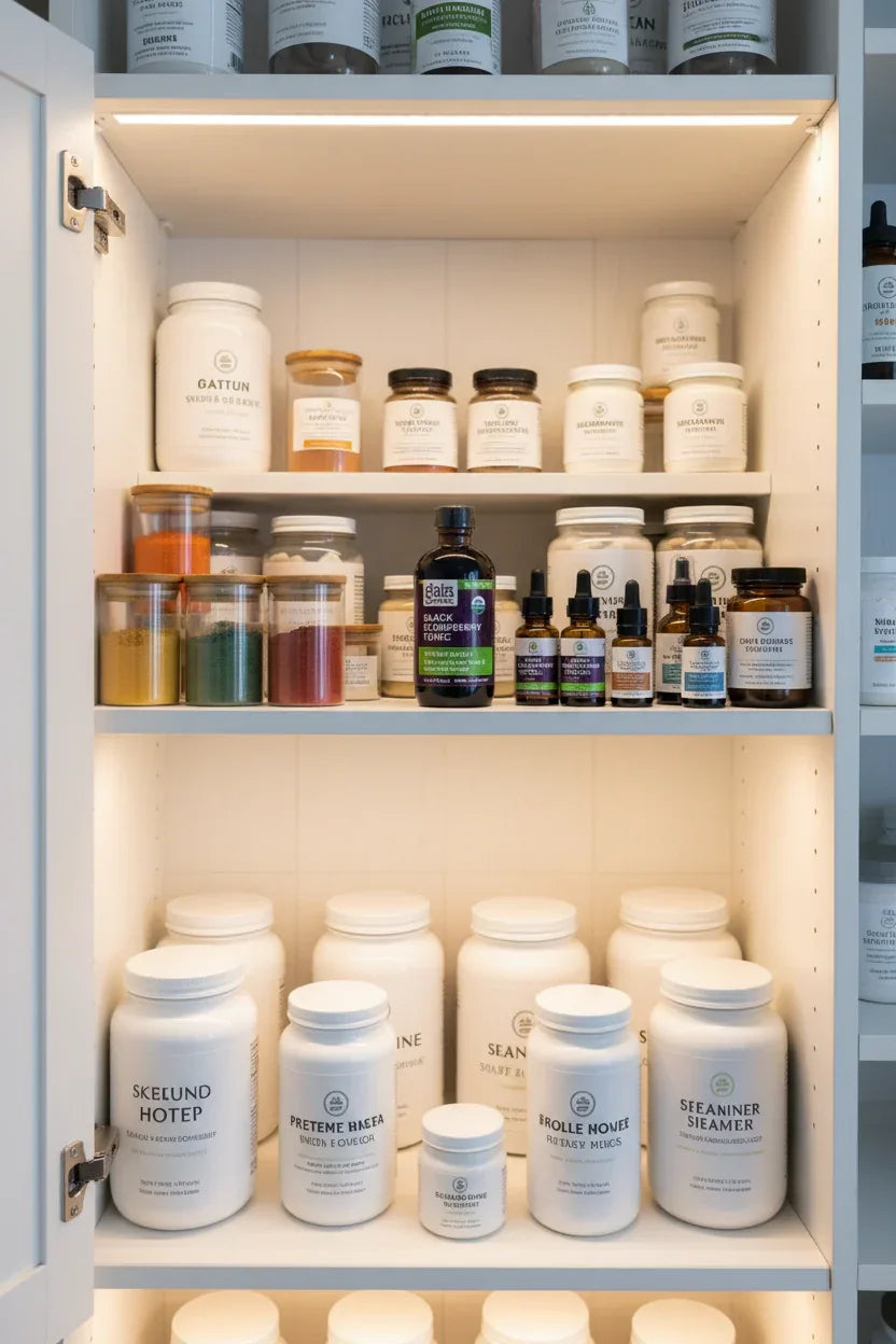 Gaia Herbs Black Elderberry Tonic in white health cabinet pantry alongside premium whole-food supplement jars soft lighting