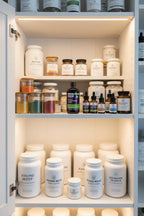 Gaia Herbs Black Elderberry Tonic in white health cabinet pantry alongside premium whole-food supplement jars soft lighting