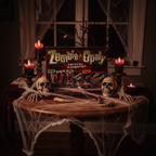 Zombie-opoly Board Game on Halloween table with candles and cobwebs - spooky game night - More4less Outlet