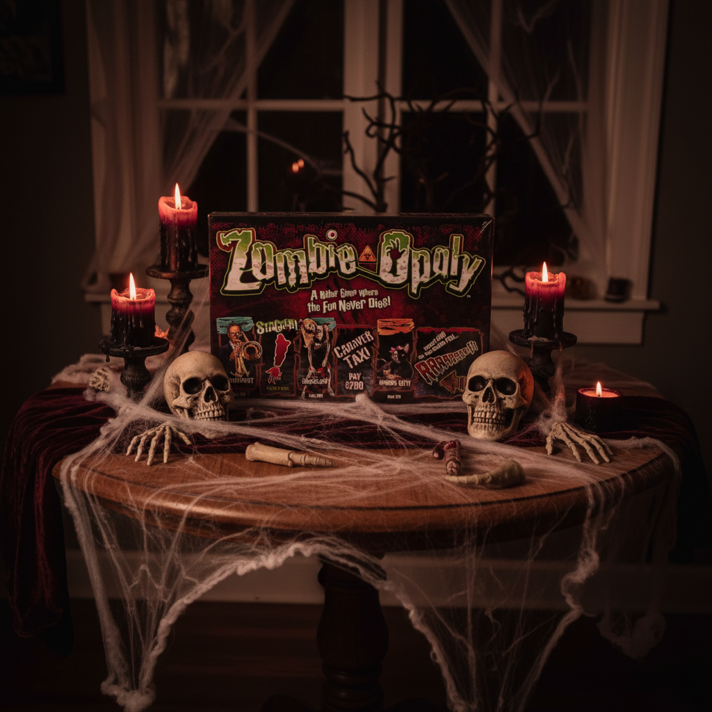 Zombie-opoly Board Game on Halloween table with candles and cobwebs - spooky game night - More4less Outlet