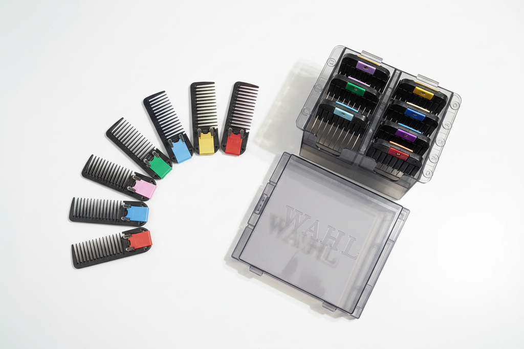 Wahl 8-piece color-coded clipper guide comb set fanned out in rainbow arrangement with smoke-tinted storage case – More4less Outlet