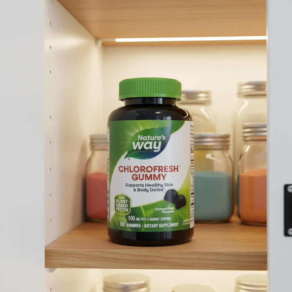 Nature's Way Chlorofresh Gummies bottle inside organized medicine cabinet pantry with high-transparency supplement containers and soft recessed interior shelf lighting
