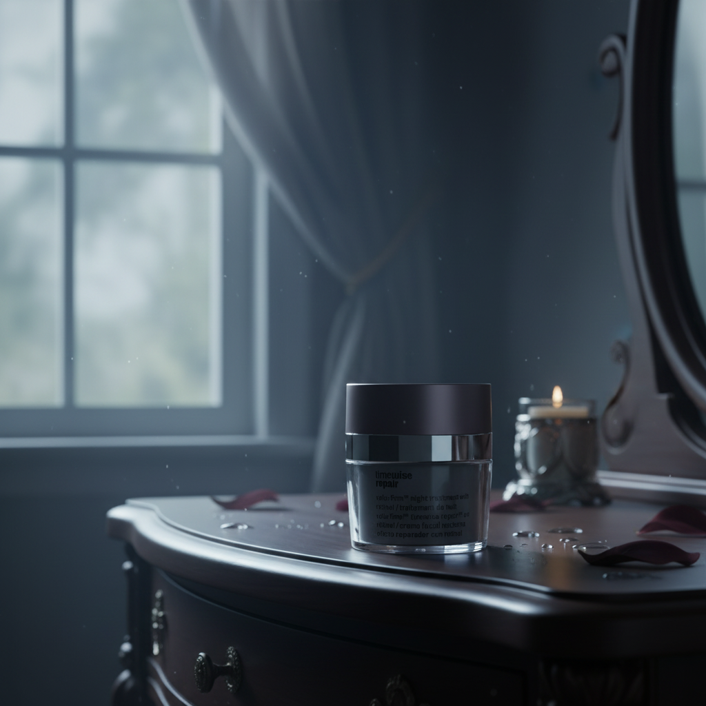 Mary Kay TimeWise Repair Volu-Firm Night Treatment Retinol jar on dark vanity with moonlight glow – More4less Outlet