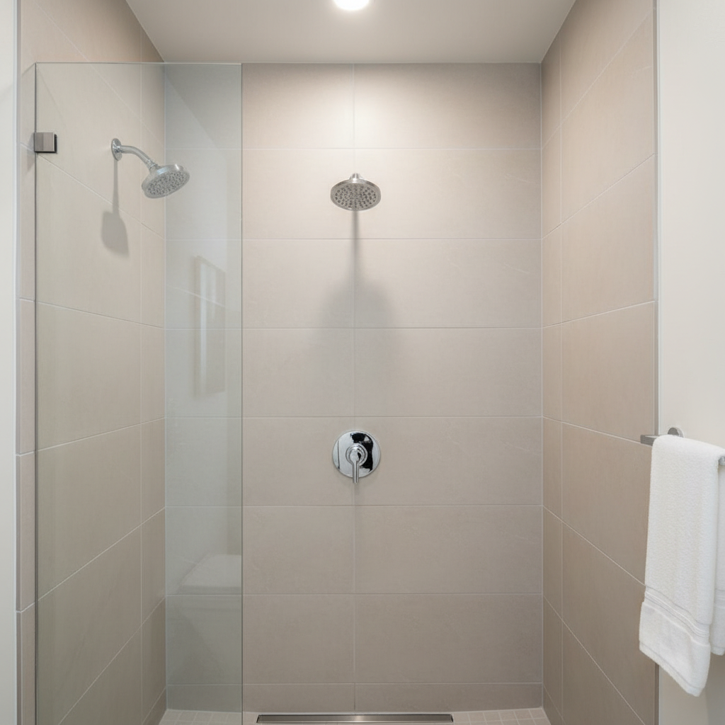 American Standard Studio S chrome pressure balance trim in a contemporary walk-in shower with beige porcelain tile and matching chrome shower head.
