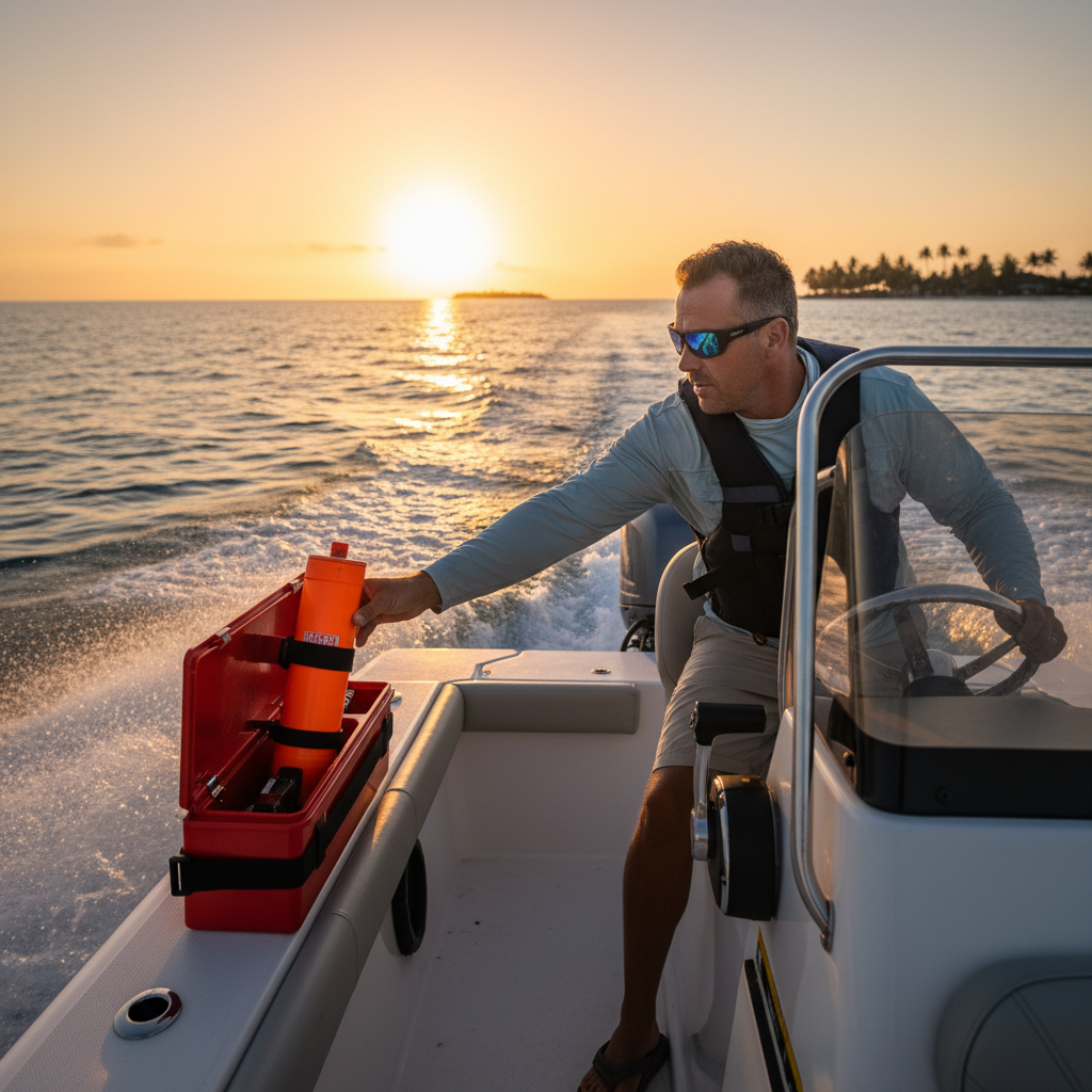 Person on motorboat reaching for Falcon signal horn canister in safety kit compartment at golden hour