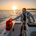 Person on motorboat reaching for Falcon signal horn canister in safety kit compartment at golden hour