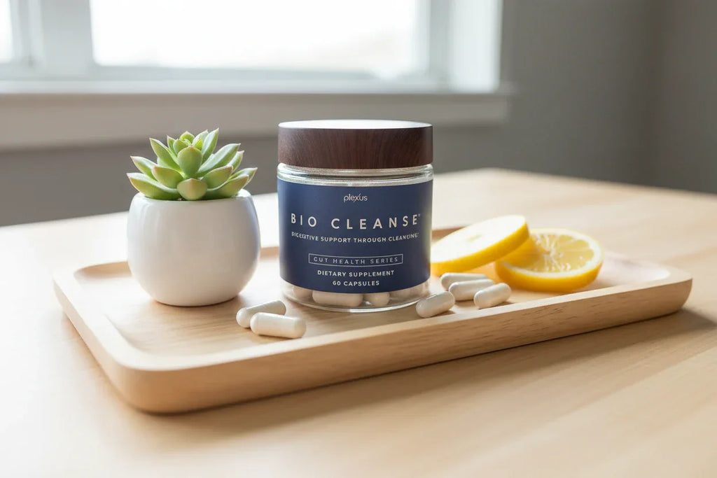 Plexus Bio Cleanse jar on wooden wellness tray with succulent and lemon lifestyle