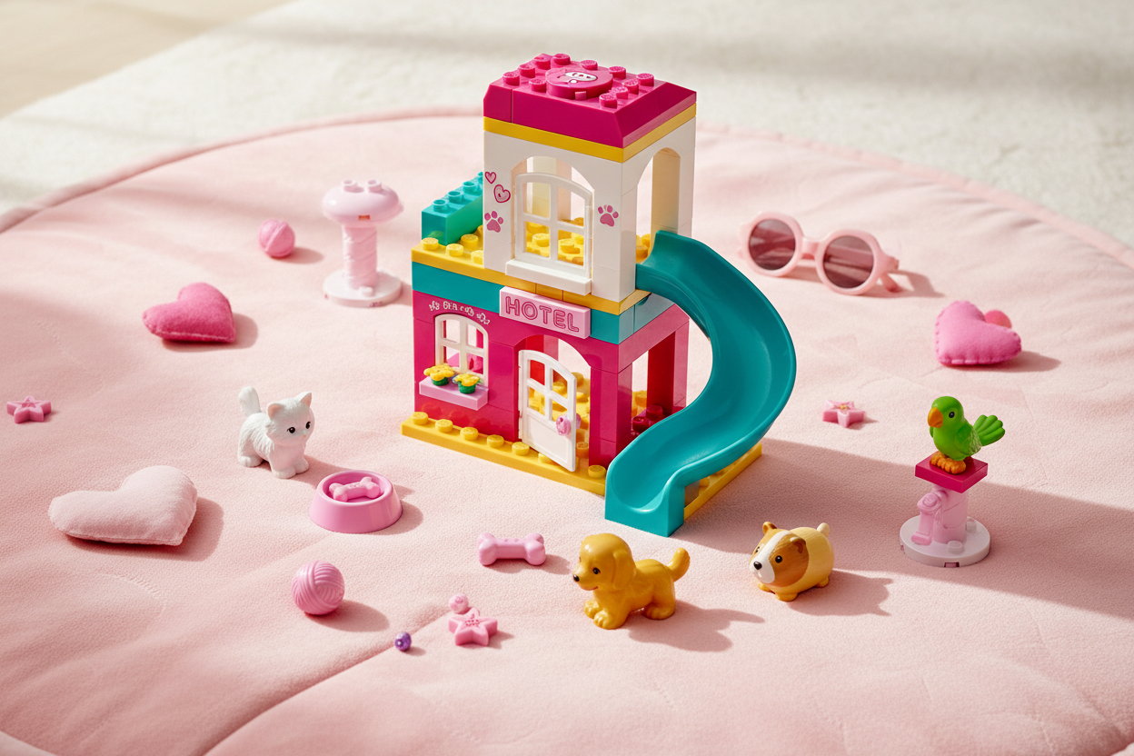 Colorful two-story LEGO pet hotel in pink and teal with a slide and small animal figures on a pink play mat