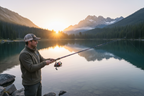 Angler holding Profishiency telescopic travel fishing rod at mountain lake sunrise — compact tangle-free combo for hiking and camping