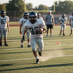 Youth football player in full gear running with ball during practice, young athlete in motion on football field