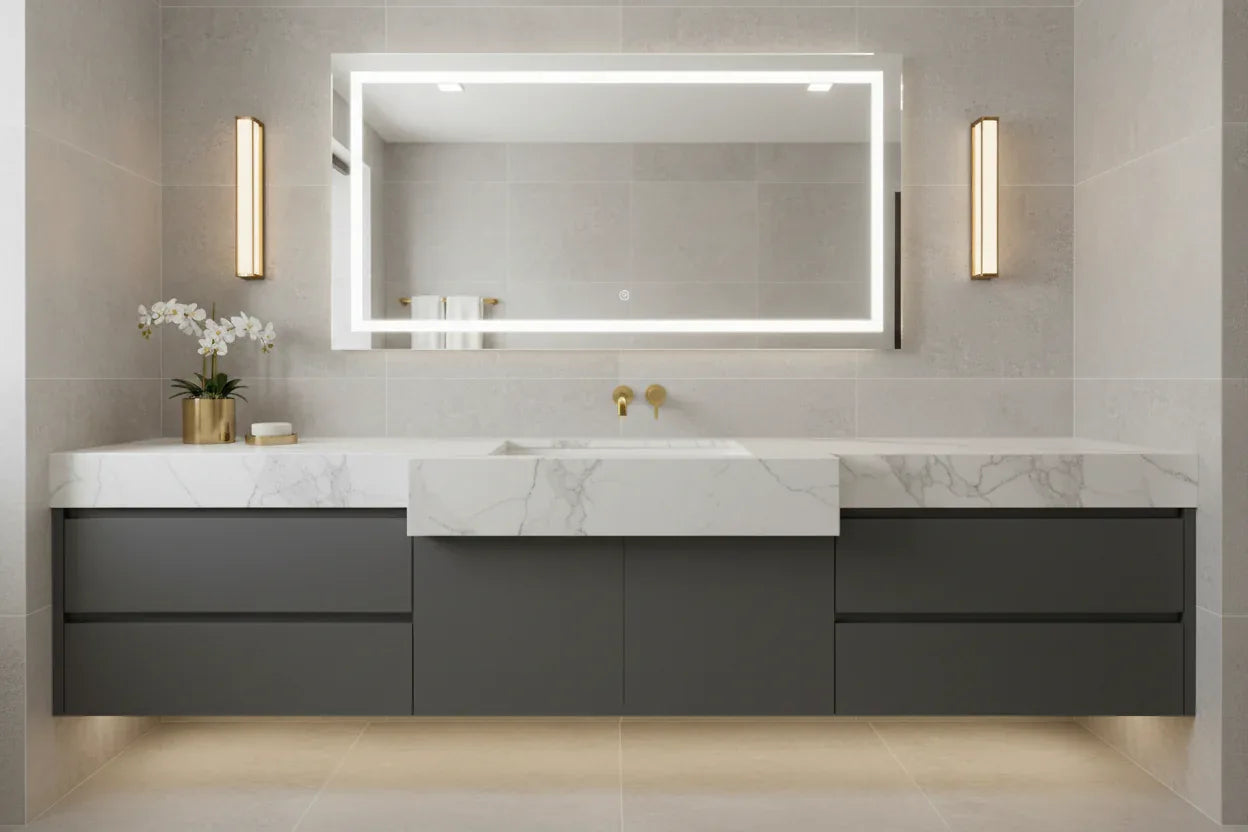 Luxury contemporary bathroom vanity with brushed gold lever hardware on white marble sink