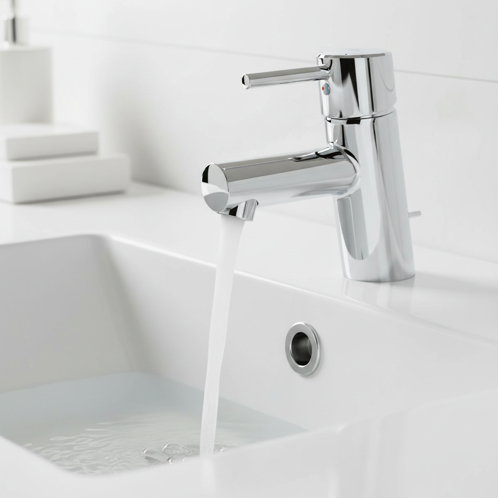 Close-up of Grohe Concetto chrome faucet with water flowing into a white ceramic sink.