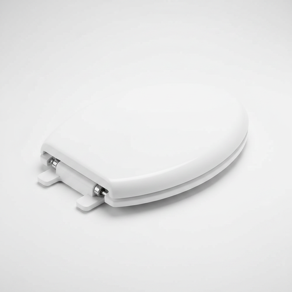 Overhead shot white elongated toilet seat slow-close hinges detail — More4less Outlet